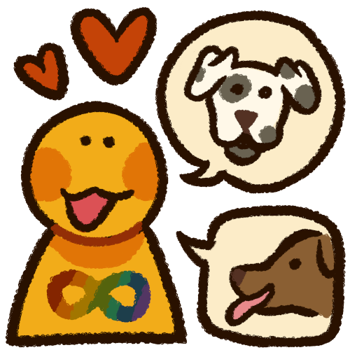 An emoji yellow person with a rainbow infinity sign on their chest and a big smile. They have hearts over their head and are talking about dogs.